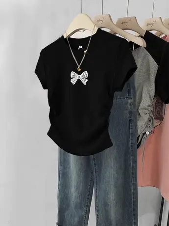 正肩短袖t恤女黑色显瘦收腰设计感韩版chic甜辣闺蜜装修身上衣夏图片