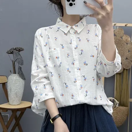 夏季韩版文艺双层纱纯棉中袖衬衫女休闲百搭七分袖上衣宽松蒲公英图片