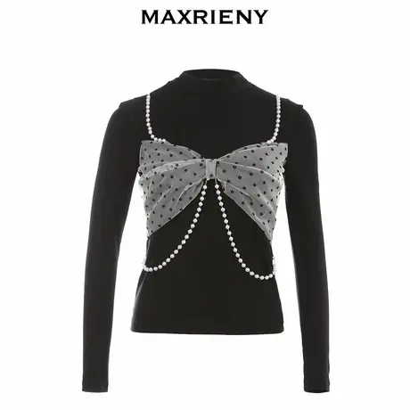 【奥莱】MAXRIENY蝴蝶结胸衣秋季女士黑色打底衫修身蕾丝上衣商品大图