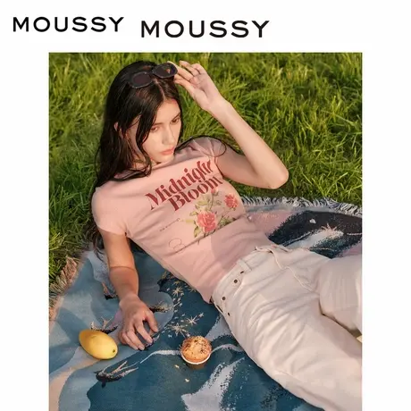 【百】moussy 2023夏季新款甜美字母花卉印花修身短袖T恤图片
