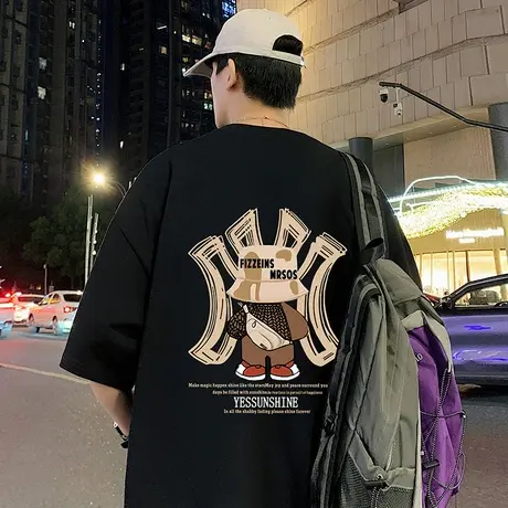 美式纯棉短袖T恤男夏季新款卡通印花半袖港风青少年圆领体恤上衣商品大图