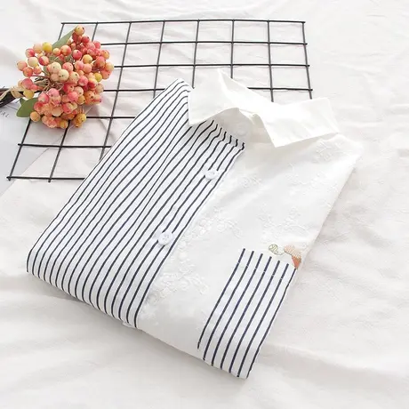 春秋季文艺条纹拼接提花刺绣纯棉长袖衬衫女学生宽松百搭打底上衣商品大图