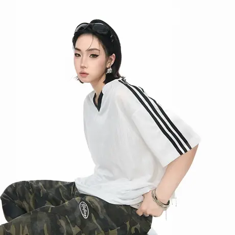 2025新款潮牌条纹纯色短袖T恤女夏季街头风个性青年潮流半袖上衣图片