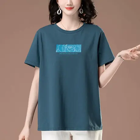 中年妈妈短袖t恤女夏季新款加大码女装宽松纯棉休闲圆领半袖上衣图片