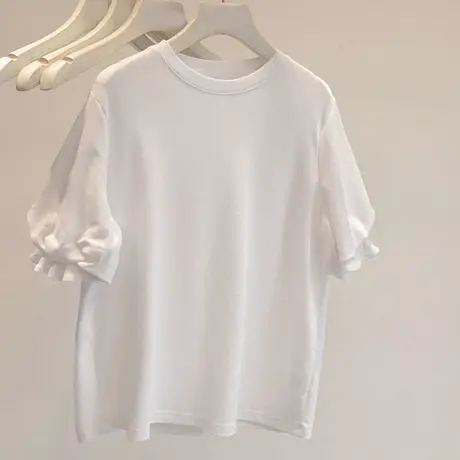 白色短袖T恤女夏季宽松显瘦洋气减龄泡泡袖上衣 今年流行漂亮小衫图片