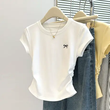 小个子短款褶皱收腰短袖T恤女夏季修身韩版蝴蝶结刺绣半袖上衣潮图片