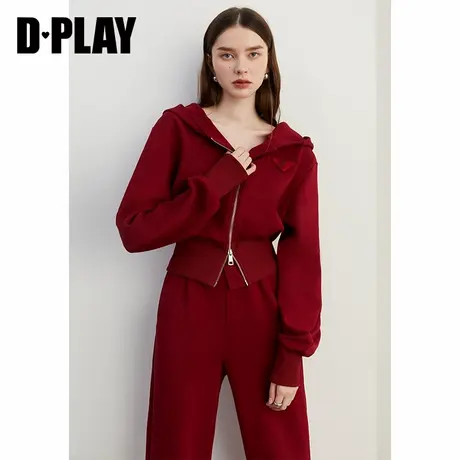 DPLAY年冬季新款百搭红色连帽拉链卫衣休闲两件套上衣长袖女商品大图