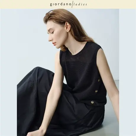 GL2025夏季新款无袖针织衫女华夫格拼接镂空圆领针织背心02355046商品大图