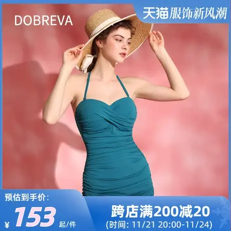 Dobreva温泉微皱遮肚连体泳衣全尺码大胸显小薄款秋显瘦美背保守商品大图