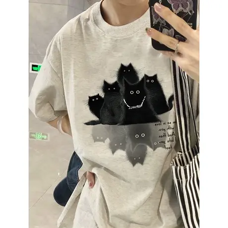 夏季女装chic韩版慵懒风大码纯棉短袖t恤休闲灰色ins新款宽松上衣商品大图