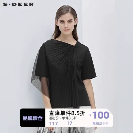 sdeer圣迪奥女装时尚圆领百褶网纱拼接短袖T恤S21280197🐯商品大图