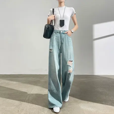 破洞拉丝牛仔裤女夏季薄款高腰垂感宽松显瘦复古拖地直筒阔腿裤子商品大图