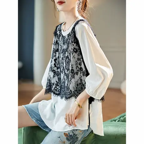 宝诗黎假两件蕾丝拼接雪纺衫女2025春季设计感七分袖宽松提花小衫商品大图
