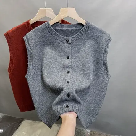 2024秋冬新款韩版简约圆领叠穿针织马甲女气质毛衣背心女开衫上衣商品大图