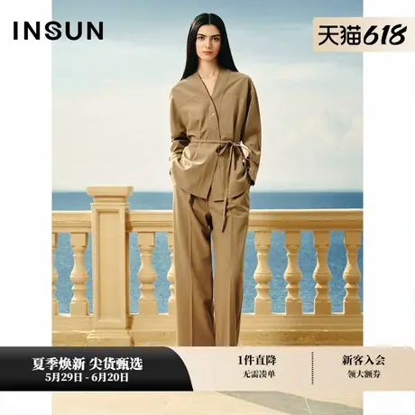 INSUN恩裳专选春季老钱风宽松混纺阔腿直筒裤商品大图