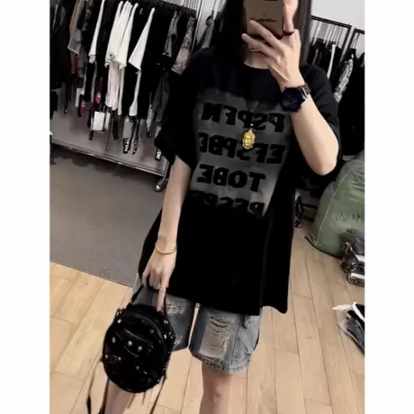 欧洲站夏季字母印花纯棉短袖t恤2025年夏季洋气宽松大码半袖上衣商品大图