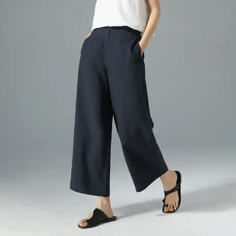 天丝亚麻阔腿裤女2025新款夏季薄款直筒裤宽松休闲九分藏蓝色裤子图片