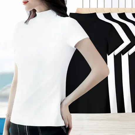 弹力棉半高领短袖t恤女内搭修身2024夏新款纯色紧身百搭体恤上衣图片