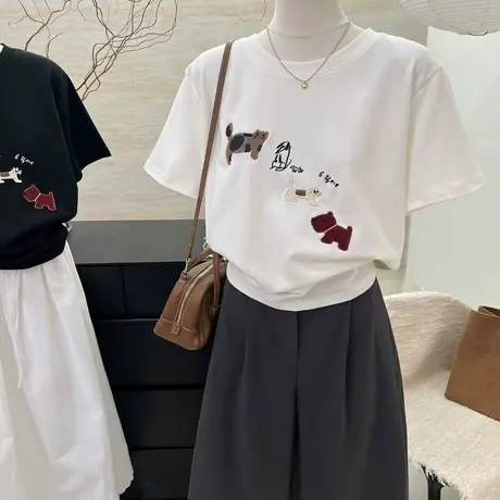 2025夏季新款韩系刺绣图案短袖T恤女显瘦百搭正肩上衣小狗体恤商品大图