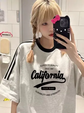 设计感大码短袖t恤女夏oversize纯棉宽松插肩体恤ins潮情侣装上衣商品大图