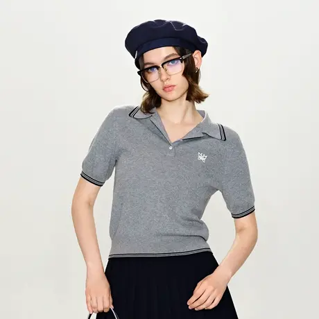 可可尼COCOON 商场同款春季老钱风蝴蝶绣标Polo领衫通勤上衣女士商品大图