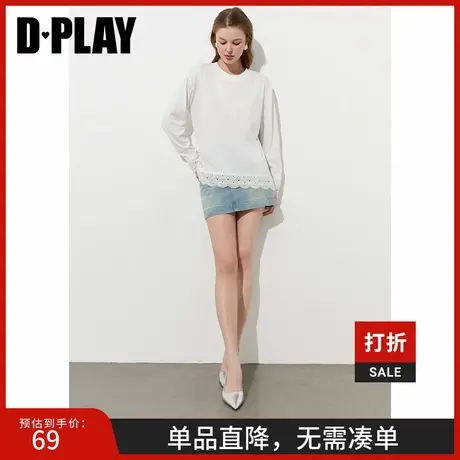 DPLAY【惠品】2025年春季新款白色T恤女法式圆领长袖蕾丝上衣商品大图