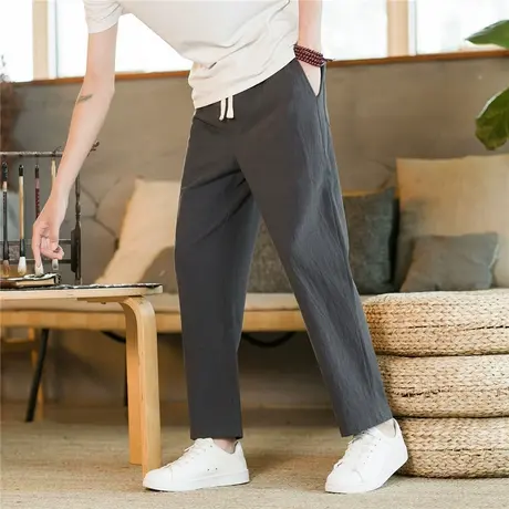 夏天休闲裤子男士修身小脚纯棉夏季薄款透气青年长裤亚麻棉麻夏裤商品大图