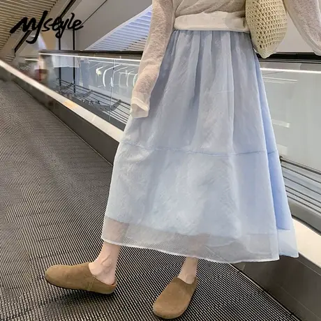MJ STYLE蓝色雪纺半身裙女2025夏季新款纱裙高腰垂感显瘦气质A字商品大图