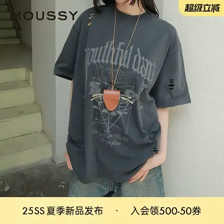 moussy2025早秋新品休闲慵懒风字母花卉宽松短袖T恤028IAA90-0541图片