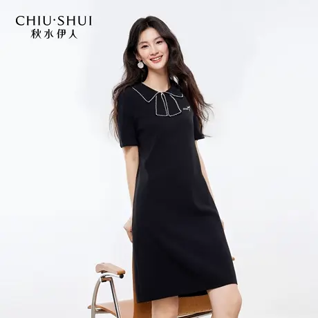秋水伊人法式复古黑色连衣裙2025夏季新款女装蝴蝶结设计感小黑裙商品大图