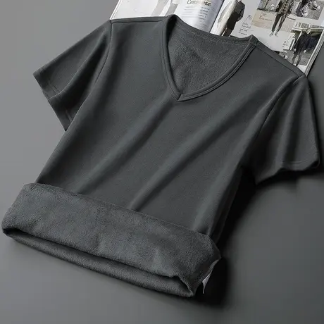 短袖t恤男装V领纯色上衣服秋冬季保暖加绒加厚内搭半袖打底衫潮流商品大图