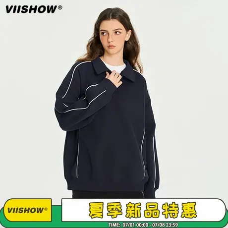 VIISHOW复古潮牌拼色POLO领卫衣男秋季宽松情侣百搭休闲套头上衣图片