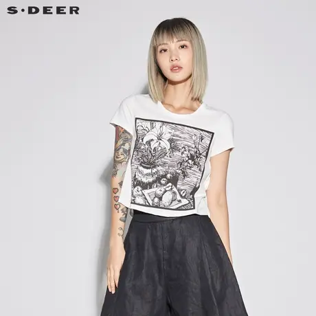 sdeer圣迪奥女休闲素白圆领套头撞色印花短袖T恤S18280146图片