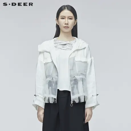 sdeer圣迪奥春秋女装印花口袋连帽长袖白色短款夹克外套S20182217图片