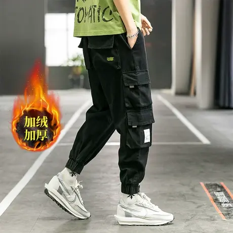 美式复古机能工装裤男2023秋冬款加绒潮牌耐磨宽松大码束脚休闲裤图片