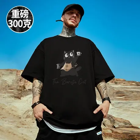 300g重磅美式卡通情侣短袖t恤街头大码港风圆领纯棉无性别半袖男商品大图