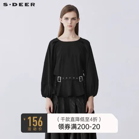 sdeer圣迪奥女装春秋装休闲圆领收腰通勤灯笼袖衬衫女S21380536🔈商品大图