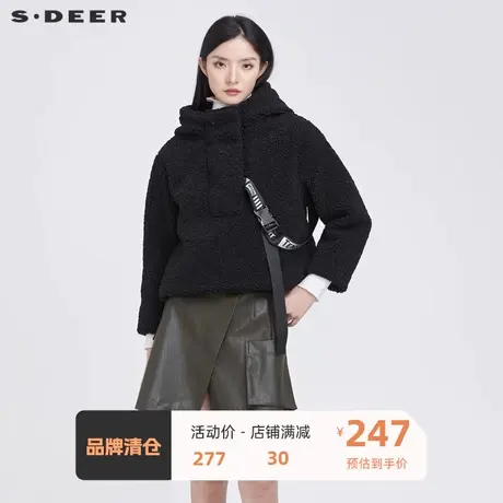 sdeer圣迪奥女装高领连帽字母套头毛仿羊羔绒外套S21482216图片