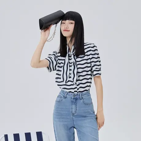 艾莱依海军系带女小衫夏季新款白底条纹撞色休闲显瘦时尚短袖上衣图片