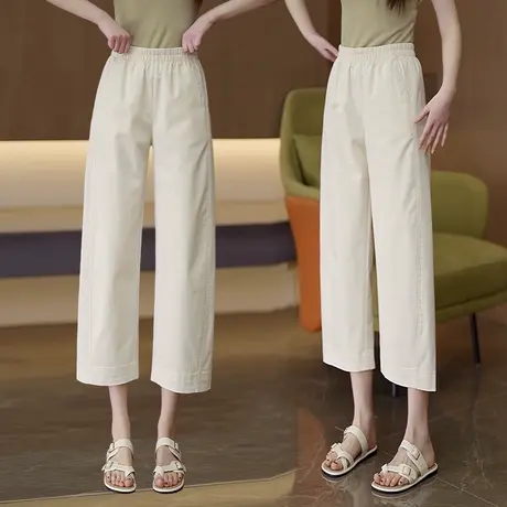 天丝棉垂顺休闲弯刀裤女2025夏季薄款九分阔腿裤松紧腰窄版直筒裤商品大图