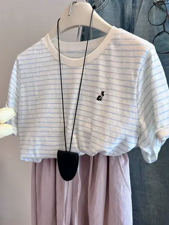 蝴蝶结小兔子！韩版清爽舒适减龄百搭显瘦纯棉条纹刺绣T恤女 上衣商品大图