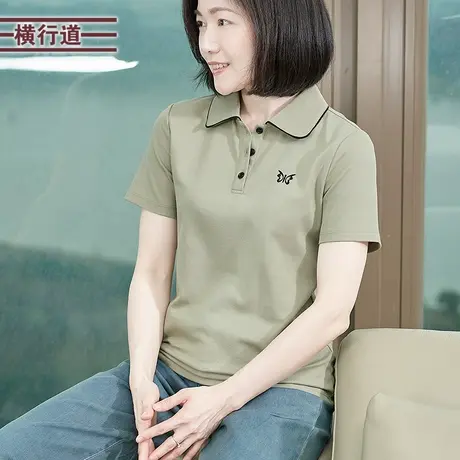 2025年夏装新款学院风休闲POLO领T恤女短袖设计感正肩上衣服纯色图片