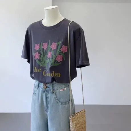 夏季超薄雪花棉透气凉爽宽松郁金香花朵印花复古宽松短袖t恤女图片