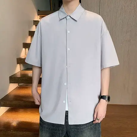 美式简约cleanfit短袖衬衫男夏季新款潮牌ins宽松通勤纯色衬衣衫商品大图