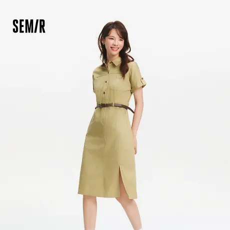 [商场同款]森马连衣裙女衬衫领纯棉开叉2025新款夏腰带工装裙复古商品大图