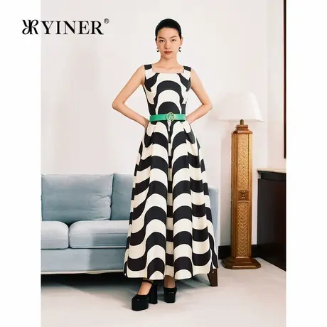 YINER音儿秋羊毛桑蚕丝方领撞色黑白波浪印花连衣裙商品大图