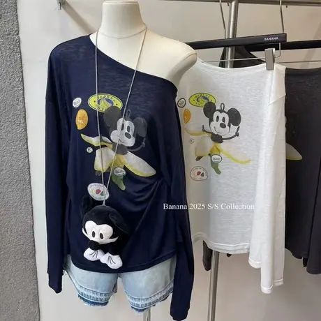 韩国东大门夏季新款洋气减龄卡通动漫印花斜肩长袖t恤女宽松慵懒商品大图