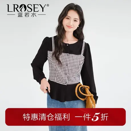 蓝若水大码女装拼接假两件格子衬衫胖mm秋季新款设计感别致上衣商品大图