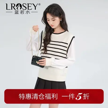 【叠穿假两件针织毛衣】蓝若水大码女装胖mm秋季条纹拼接减龄上衣图片