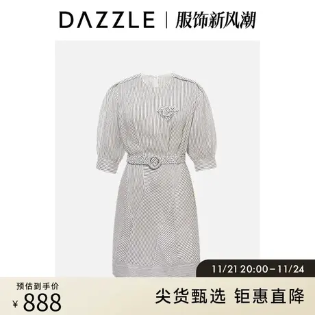 DAZZLE地素奥莱 春夏法式贴布装饰亚麻混纺条纹短袖连衣裙女商品大图